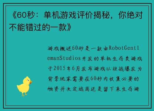 《60秒：单机游戏评价揭秘，你绝对不能错过的一款》