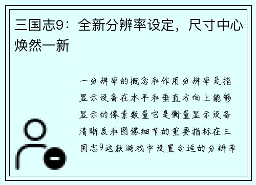 三国志9：全新分辨率设定，尺寸中心焕然一新