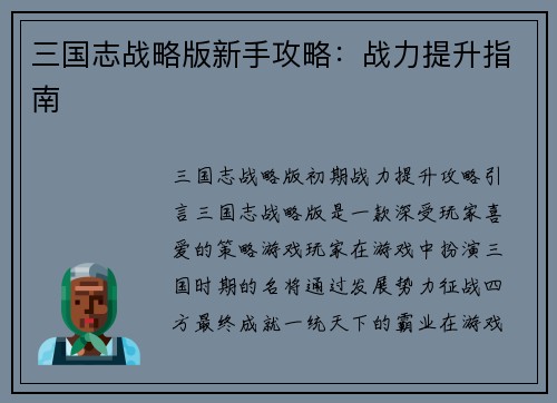 三国志战略版新手攻略：战力提升指南