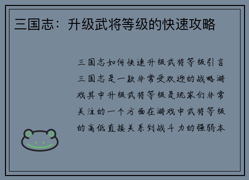 三国志：升级武将等级的快速攻略